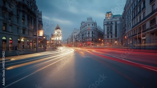 Night view of Madrid's Gran Vía street with traffic trails.