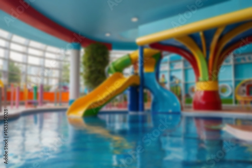 Wallpaper Mural children's slide in swimming pool blur, sunny weather outdoors, no people, children's swimming pool with games, blurred pool background Torontodigital.ca