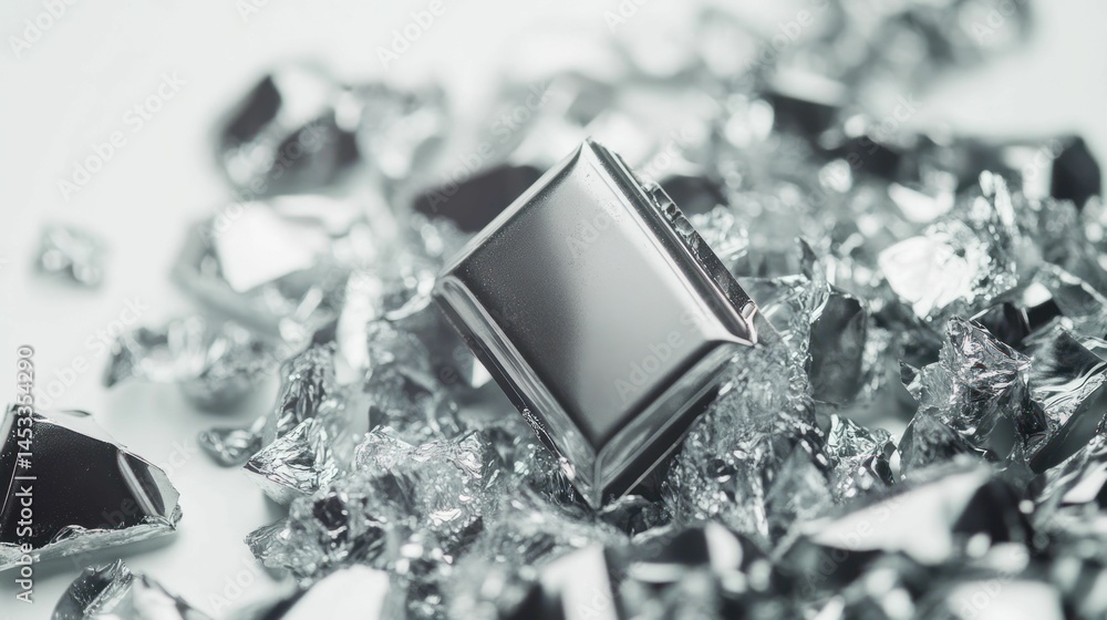 Macro shot of a shiny, silver osmium crystal fragment on metal flakes. Macro shot of a shiny, silver osmium crystal fragment on metal flakes.