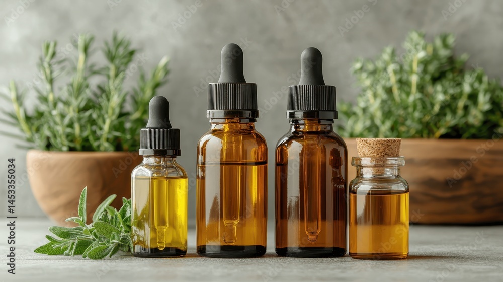 Assorted Essential Oils in Amber Glass Bottles with Droppers Assorted Essential Oils in Amber Glass Bottles with Droppers
