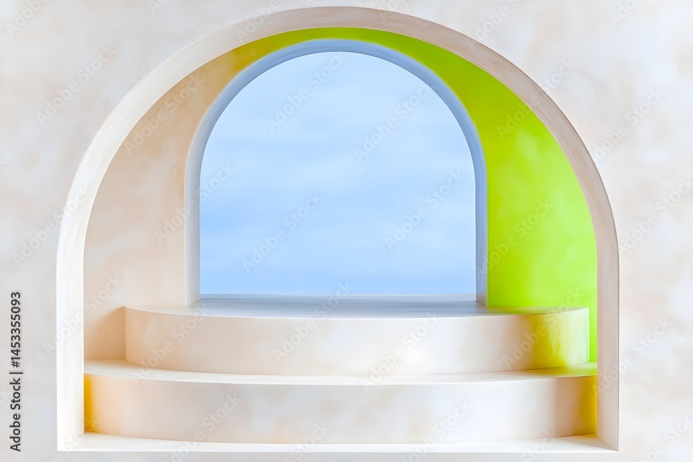 Three-tiered display platform within an arched alcove featuring pale beige and lime green walls and a sky view Three-tiered display platform within an arched alcove featuring pale beige and lime green walls and a sky view