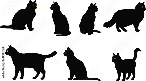 Black cat silhouette collection showing different poses and postures in vector format for design and illustration purposes 