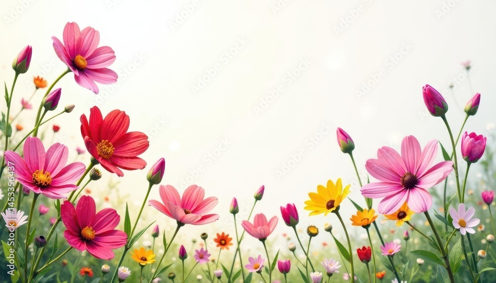 Sun-kissed meadow blooms, artfully scattered on white , nature, stock photo Sun-kissed meadow blooms, artfully scattered on white , nature, stock photo