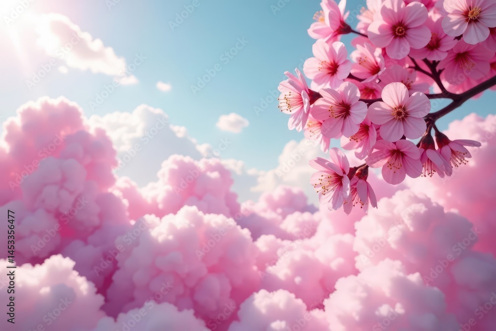 Fototapeta premium Surreal pink blossoms, floating in cotton candy clouds, clouds, bloom