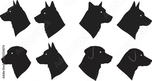 Dog breed silhouettes collection with various head poses in black vector illustration 