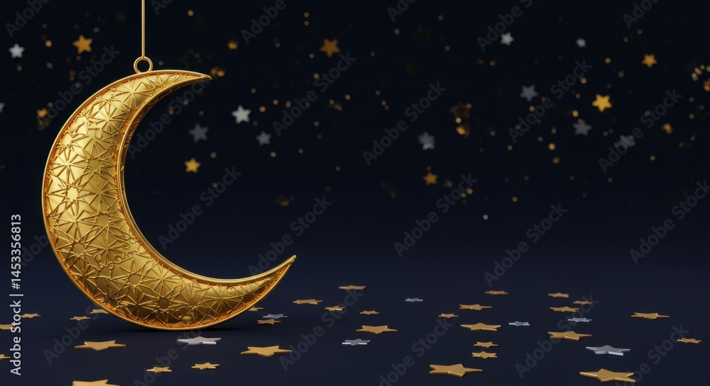 Naklejka premium Golden Crescent Moon Ornament with Scattered Stars Night Festive Decoration