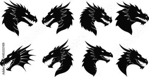 Dragon heads silhouette vector set with fierce mythical creature profiles for fantasy design and illustration 