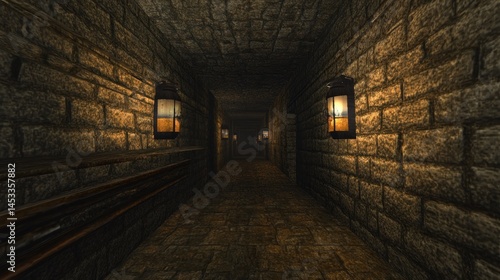 Stone corridor with lanterns