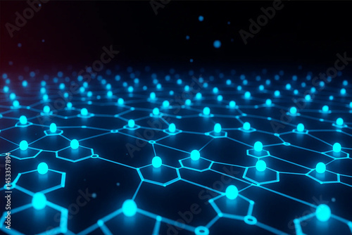 Glowing blue nodes connected in a hexagonal grid on a dark background.