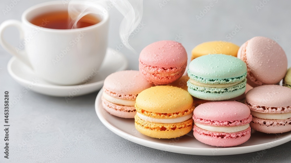 Colorful Macarons with Tea in a Cozy Setting Colorful Macarons with Tea in a Cozy Setting