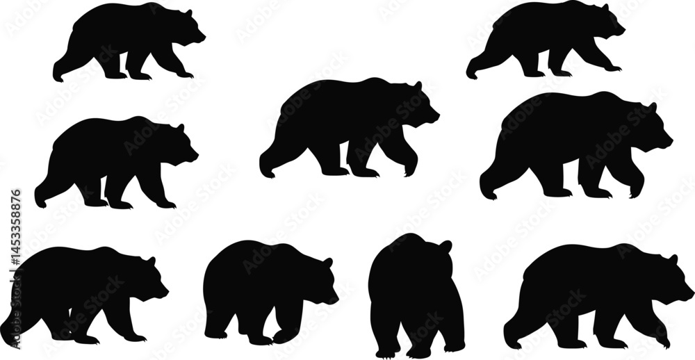 Naklejka premium Bear silhouette vector set with different walking and standing poses for wildlife and nature designs