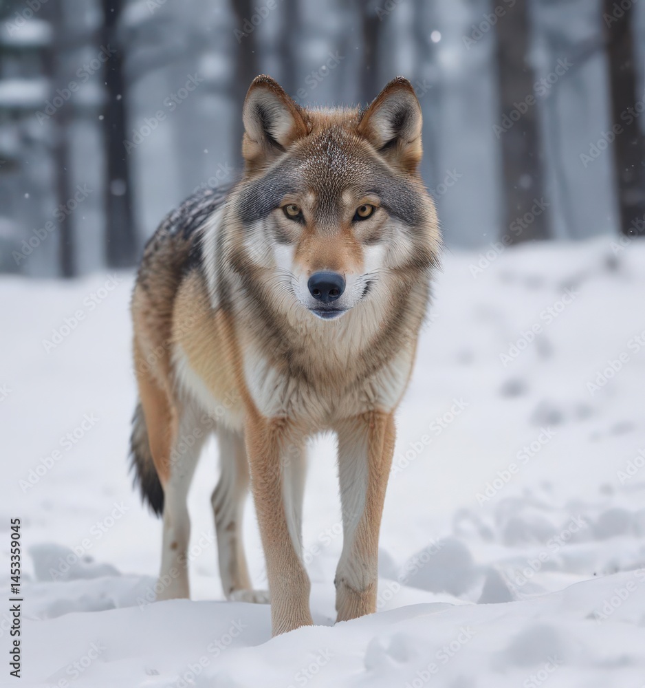 Fototapeta premium A lone Eurasian wolf in deep snow; winter's harsh beauty , solitary, predator
