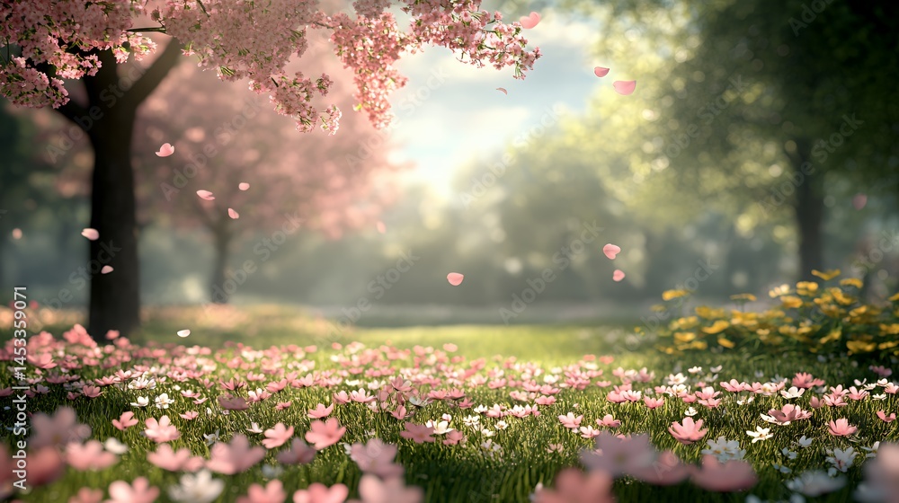 Obraz premium Springtime beauty: a vibrant garden filled with pink blossoms and soft sunlight.
