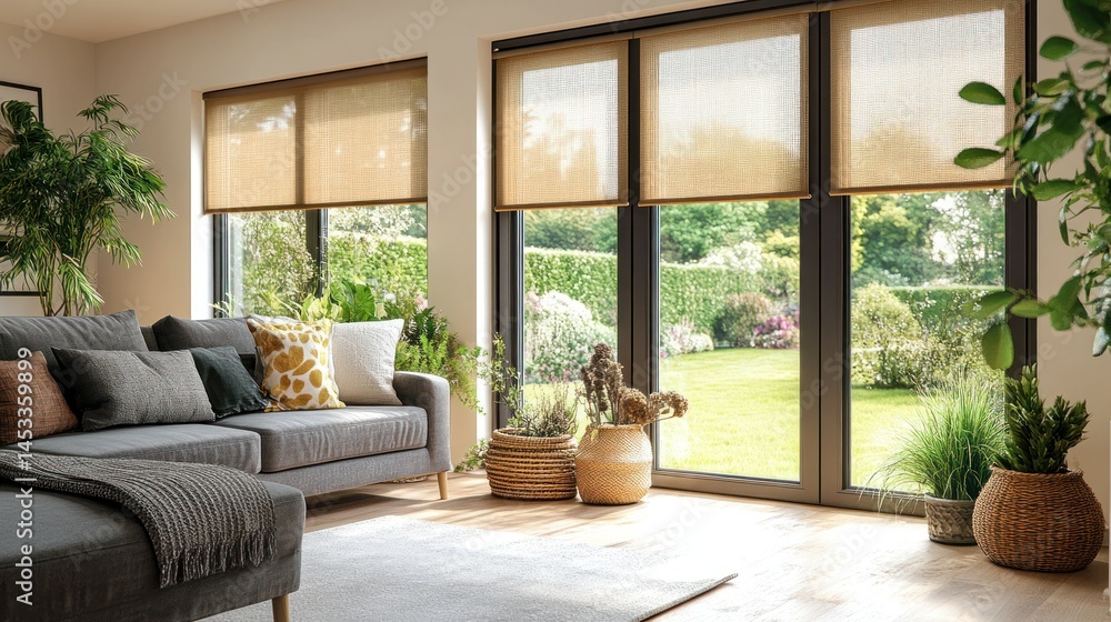 Modern living room with large windows and garden view, featuring neutral color scheme and natural light Modern living room with large windows and garden view, featuring neutral color scheme and natural light