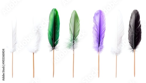 Eight vibrant feathers on small wooden sticks, displayed against a white background.  Colors include white, green, purple, and black
