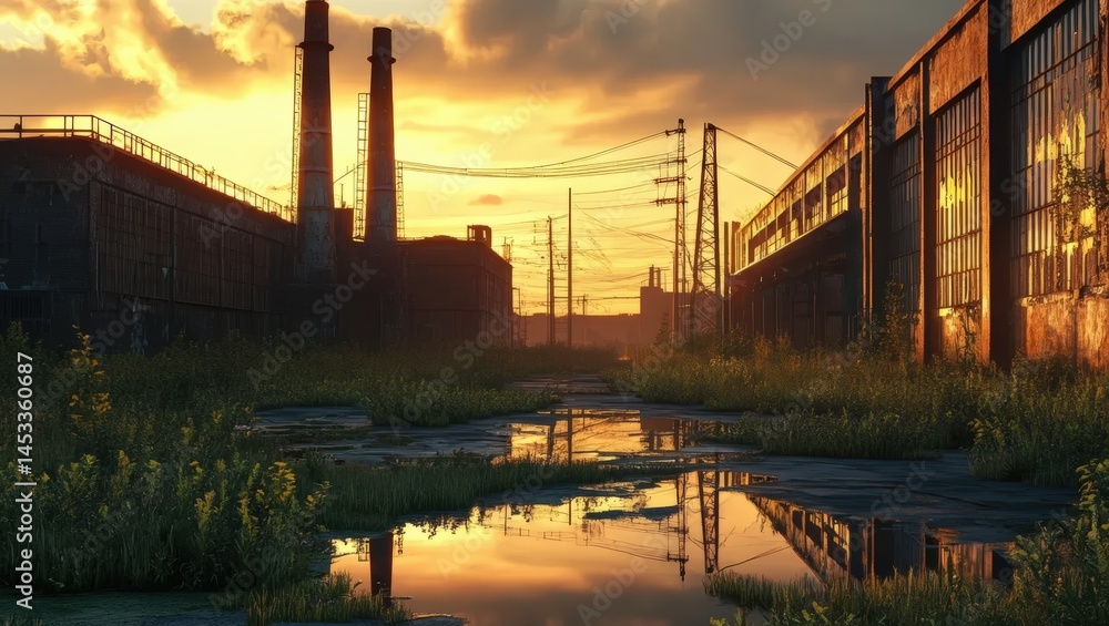 Naklejka premium Industrial Factory at Sunset