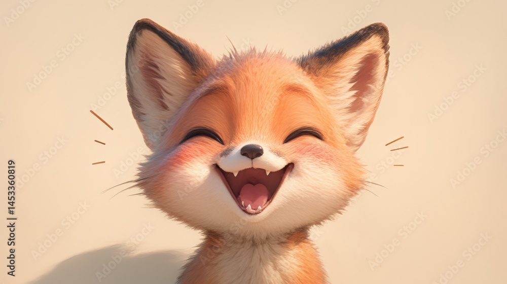 Obraz premium Cheerful fox cub with bright eyes and a big, happy grin. Fluffy fur
