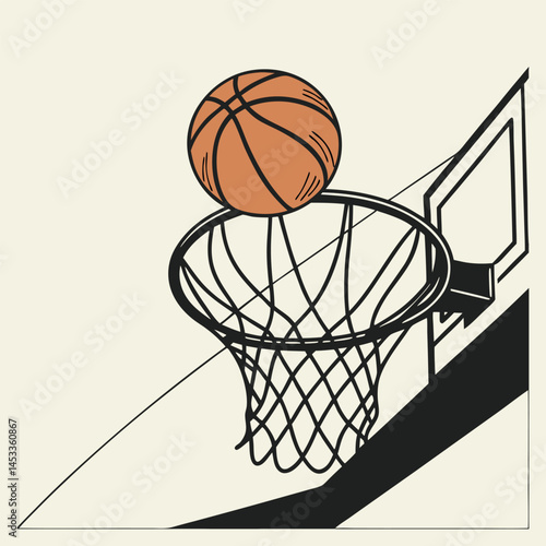 Orange basketball ball soars toward the hoop's net in a vector sport game