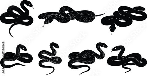 Black silhouette snake vector set with different coiled and striking poses for design and illustration usage 