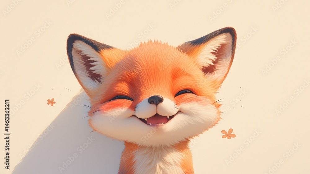 Fototapeta premium Cheerful fox with closed eyes, big smile and light background in warm colors