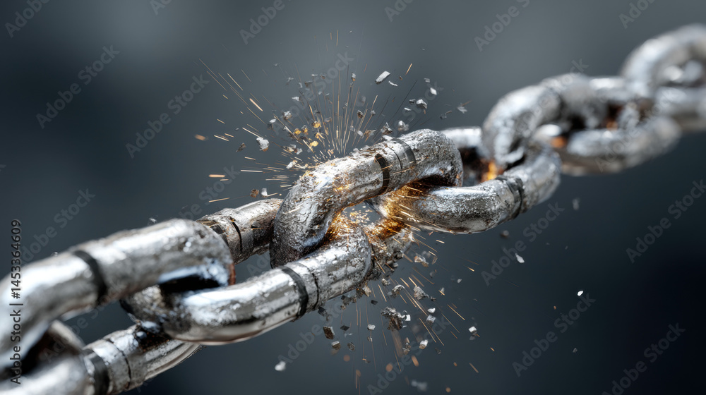 Chain link breaking at weak point with sparks and debris flying, symbolizing fragility and tension Chain link breaking at weak point with sparks and debris flying, symbolizing fragility and tension