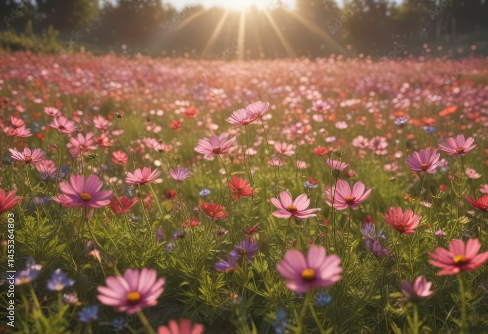 Fototapeta premium Sun-drenched cosmos flowers in a picturesque field, petals glowing , botany, golden, white cosmos