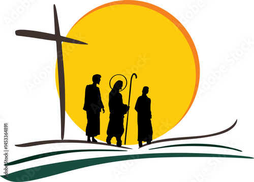 Ilustração vetorial de discípulos caminhando com Jesus para Emaús colorida