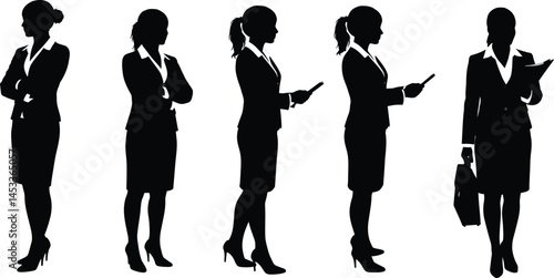 Businesswoman silhouette set in professional poses with briefcase and digital tablet vector illustration 