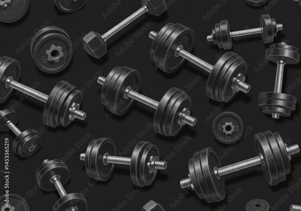Weights and dumbbells resting against a black background. Weights and dumbbells resting against a black background.