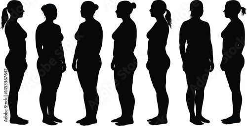 Silhouettes of diverse female and male figures standing in profile and frontal views vector illustration 