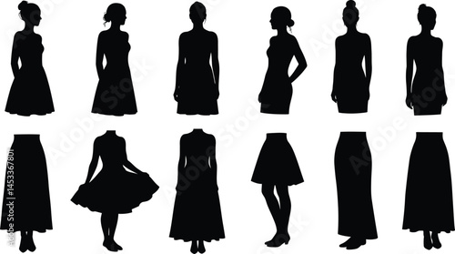 Female silhouettes in various dress styles standing and twirling vector illustration in black and white 