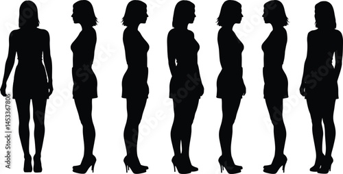 Women silhouette vector set showing front, side, and back views in standing poses with high heels and casual dress 