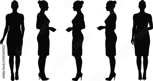 Female silhouette set in black dress various poses vector illustration for design and fashion concepts 