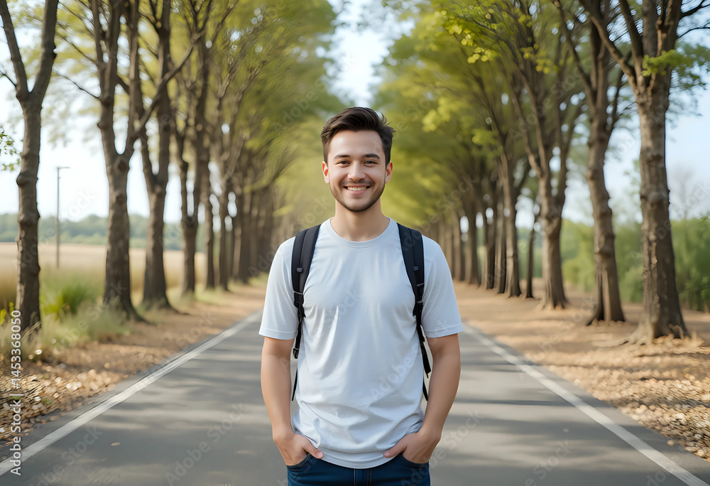 Happy man standing on road in front of trees Happy man standing on road in front of trees