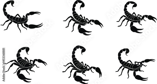 Black scorpion vector set with various poses and claw details for graphic design and decoration purposes 
