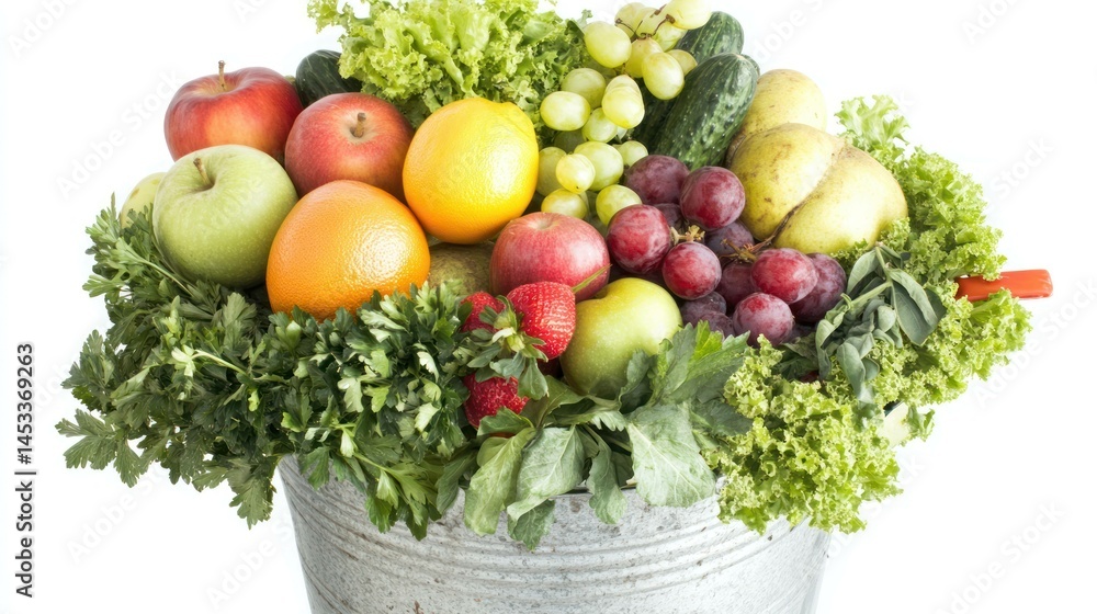 Fototapeta premium Fresh fruits and vegetables in bucket on white, bright and healthy.