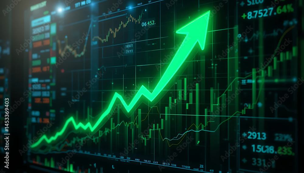 Green Stock Market Arrow with Digital Data – Financial Growth and Investment Concept Green Stock Market Arrow with Digital Data – Financial Growth and Investment Concept