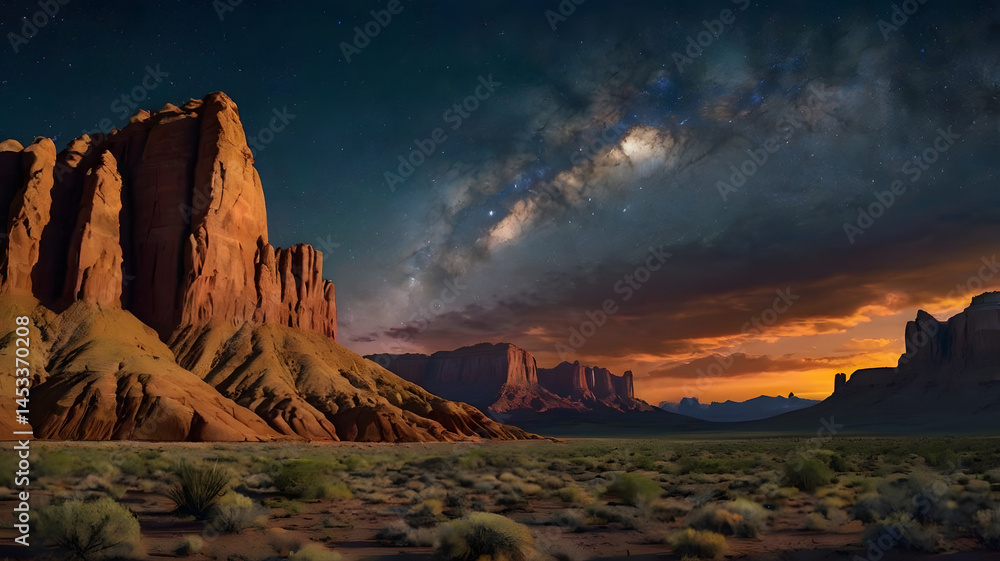 Naklejka premium Smooth rock formations, of the Navajo Desert with celestial skies