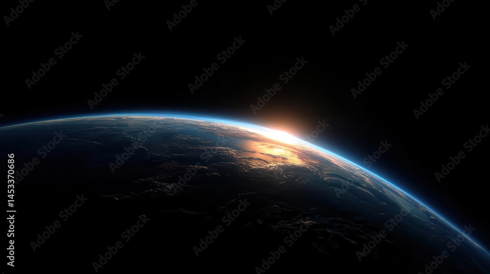 Obraz premium Sunrise Over Earth?s Curve, Realistic View from Space