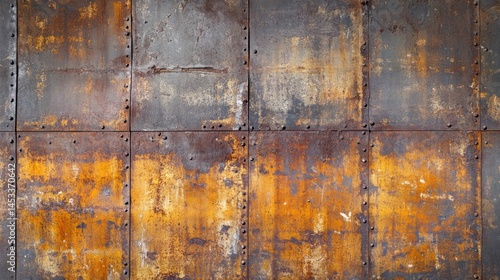 Rusty metal panel texture with rivets, weathered and corroded steel su