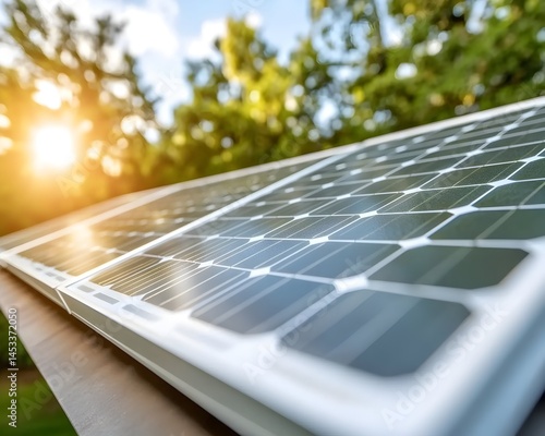 Close-up of solar panels on a roof bathed in sunlight against a blurred background of lush green trees