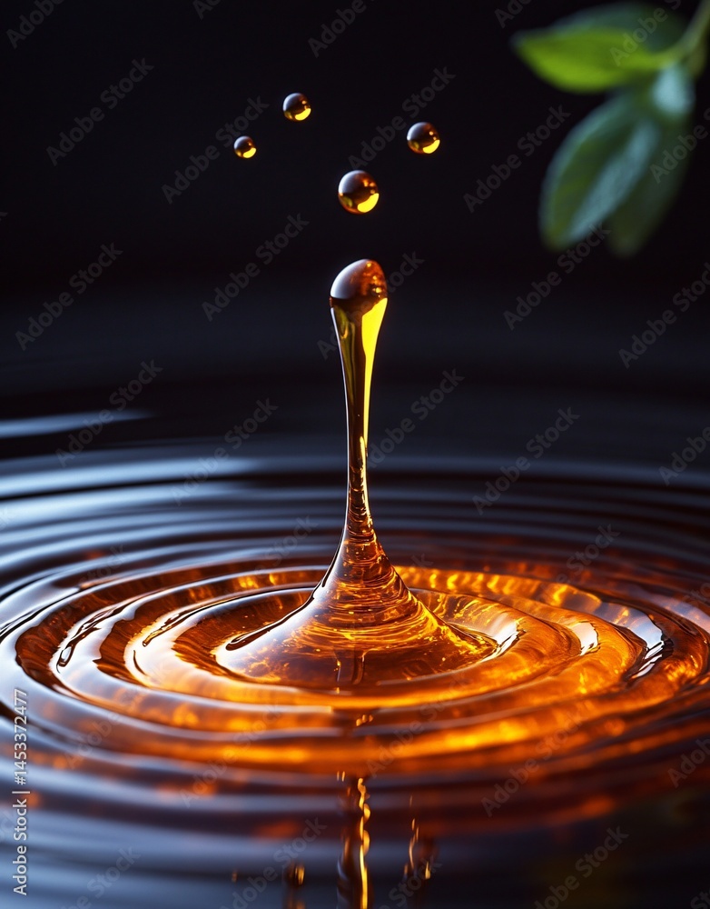 Honey droplet splashing into golden syrup, creating ripples. Macro shot for health product packaging, nature designs. Warm, inviting. Copy space available. Honey droplet splashing into golden syrup, creating ripples. Macro shot for health product packaging, nature designs. Warm, inviting. Copy space available.
