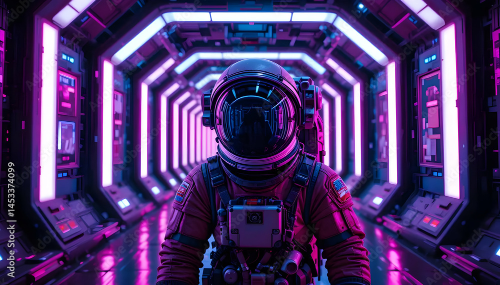 Astronaut in Futuristic Neon-Lit Spaceship Corridor A Sci-Fi Digital Art Illustration Astronaut in Futuristic Neon-Lit Spaceship Corridor A Sci-Fi Digital Art Illustration