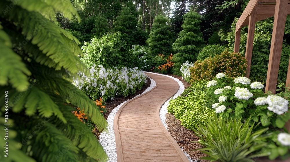 Fototapeta premium Serene garden path winding through lush greenery, white blossoms, and a wooden pergola