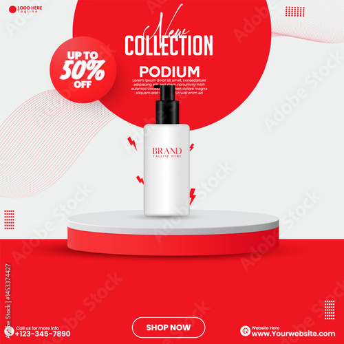 Cosmetics product advertisement poster design. Red color social media product sale empty abstract podium design. Red color studio background design template with abstract shape. 