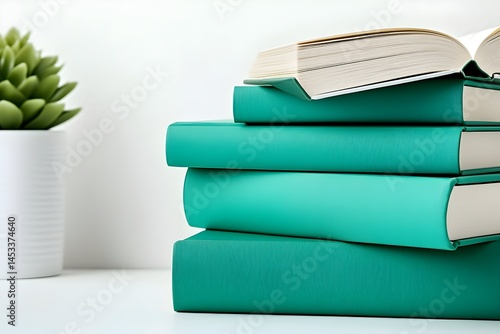 Wallpaper Mural Stack of teal hardcover books, one open, beside a small succulent plant Torontodigital.ca