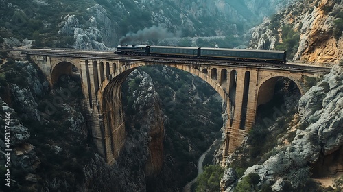 Majestic steam train gracefully traverses the towering stone bridge amidst rugged mountain scenery in Spain