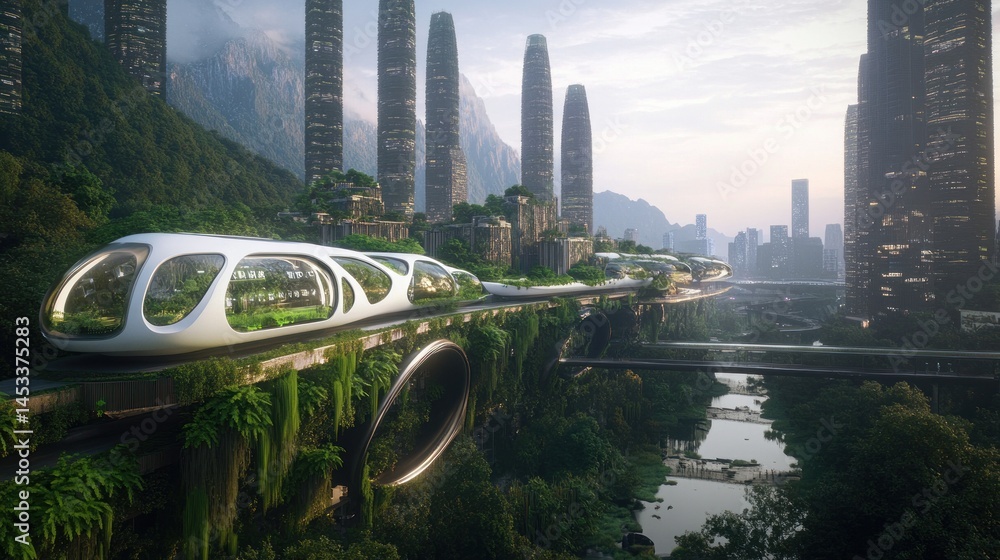 Naklejka premium Futuristic eco cityscape with elevated transportation system