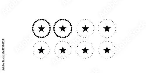 Print  Stars of various sizes arranged in a circle. Round frame, border. Black star shape, simple symbol