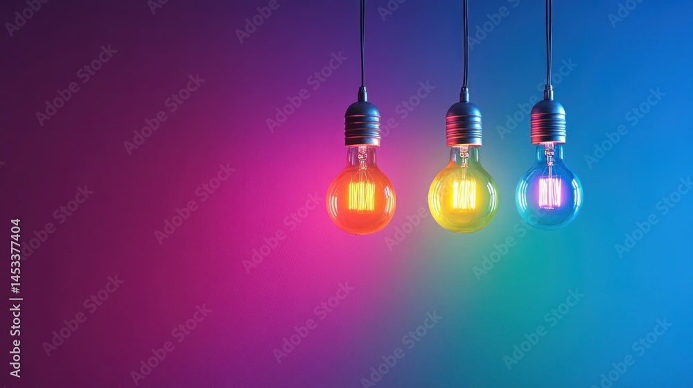 Three colorful light bulbs hanging against a gradient backdrop Three colorful light bulbs hanging against a gradient backdrop